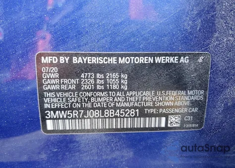 2020 BMW 330Xi z USA, uszkodzony, nr VIN 3MW5R7J08L8B45281